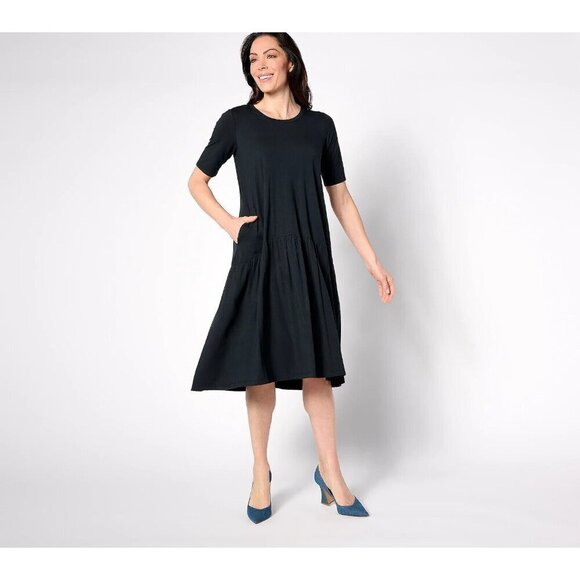 LOGO by Lori Goldstein Pet. Rayon 230 Elbow Sleeve Dress Black,Pet XXS - Picture 1 of 1